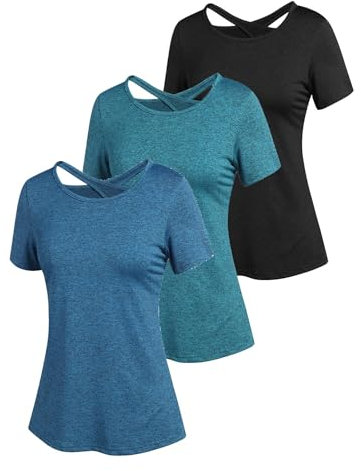 PINSPARK Damen Sport T-Shirt Kurzarm Funktionsshirt Rückenfreies Sportshirt Laufshirt Oberteile Leicht Fitness Oberteil Yoga Workout Gym Top 3er Pack PAT2 L