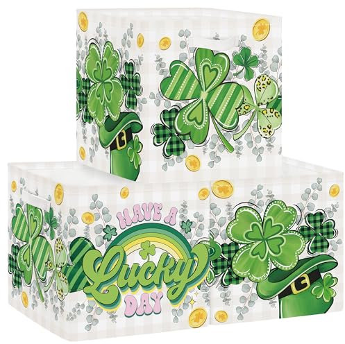 Clastyle 3 Stück Saint Patrick's Day Kinder Aufbewahrungsbox Faltbar Stoff Junge Mädchen Aufbewahrungskorb mit Griffen Spielzeug Aufbewahrungswürfel Organizer für Kleidung, Kleeblatt, 30x30x30 cm