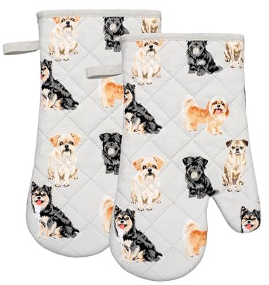 Oven Gloves Gauntlet Set of 2 - Heat Resistant Mitts for Kitchen Cooking, Baking, Grilling, and BBQ - Perfect New Home, Birthday (Dog Print Design)