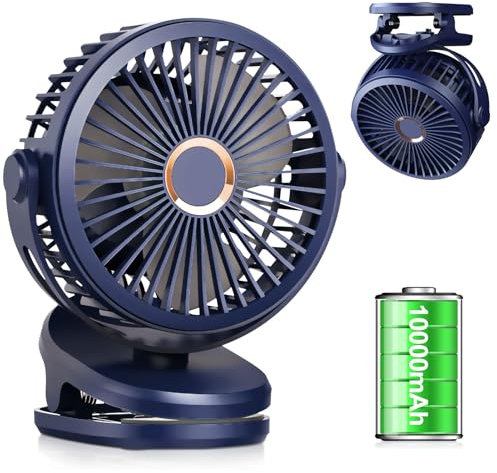 Ventilator mit Clip, 5000mAh USB Ventilator, 720° Drehung Mini Ventilator Akku, 4 Geschwindigkeiten Tragbarer Tischventilator Leise, Akku Ventilator für Camping,Auto,Desktop,Kinderwagen (B 10000mAh)
