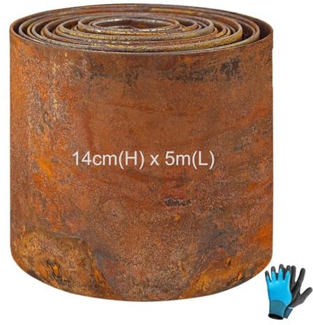 Rasenkante Metall 5m,Beeteinfassung Metall mit Rostoptik,14cm Hoch Rasenkanten Cortenstahl,Flexible Rasenkante Beeteinfassung Rost zur Eingrenzung von Blumenbeeten,Gartenwegen,Bäumen,Kiesgärten-Flach