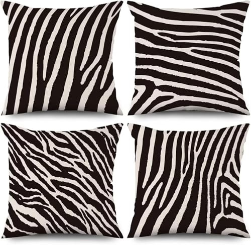 Schwarz Kissenbezug 35x35 cm 4er Set Outdoor Kissen Zebra-Print Muster Dekokissen, Sitzkissen Outdoor Kissenbezüge, Home Sofakissen, Frühlings Dekokissen, Couch Deko Wohnzimmer Kissenbezüge W-4358