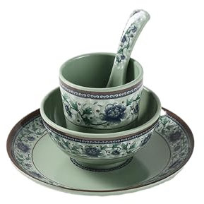 Vajilla de porcelana de imitación blanca con borde de calcomanía comercial, color azul y blanco