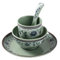 Vajilla de porcelana de imitación blanca con borde de calcomanía comercial, color azul y blanco