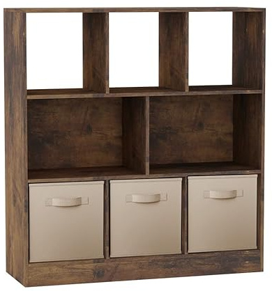URBNLIVING Rustic Brown 8-Cube Asymmetrical Bookcase with 3 Drawer Inserts – Wood Storage Unit and Shelving Organizer- Beige