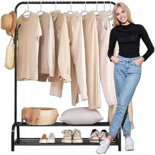 KRUMAD Kleiderständer Stabil 157x110x39 cm – Mit 2 Schuhregalen und 8 Seitenhaken – Kleiderstange Schwarz mit 10 Kugeln – Garderobenständer Metall für Flur, Schlafzimmer – 48 kg Tragkraft