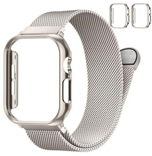 SOLOLUP Milanese Loop+2Pcs Schutzhülle für Apple Watch Armband Serie 11 10 9 8 7 6 5 4 3 SE 3/2,Edelstahl Milanaise Magnetic Band für iWatch 38/40/41/42 mm-S 11/10，40mm PC Hülle(No Screen) Polarstern