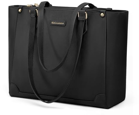RAINSMORE Damen Handtasche Groß, Shopper & Laptoptasche 14 Zoll, Wasserabweisendes PU-Leder, Arbeitstasche mit 6 Fächern für Büro, Business und Reisen, Schwarz
