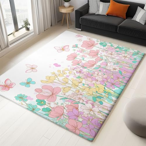 Generisch Maschinenwaschbarer Teppich, 140 x 200 cm Weiß Teppiche für Kinderzimmer - 3D Effekt Cartoons Blumen Schmetterlinge Weicher Teppich für Schlafzimmer, Wohnzimmer, Wohnheim