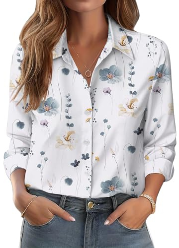 Zeagoo Damblus, elegant, färgglad, långärmad, blommor, skjortblus, button-down skjorta, vår, sommar, bussiness blus, basic, strykfri topp