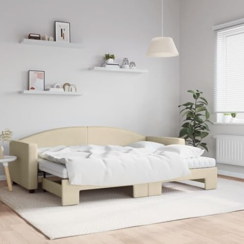 JHQHSM Ausziehbares Tagesbett mit Matratzen Creme 80x200 cm Stoff Schlafsofa als Doppelbett Gästebett Stauraum Rollkasten Modernes Design Holz Metall Rahmen