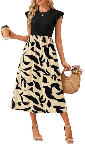 Fashora Sommerkleid Damen Elegant Maxikleid Casual Rundhals Lang Kleid mit Rüschen Ärmeln Sommer Hohe Taille A Linie Freizeitkleid Strandkleid mit Taschen