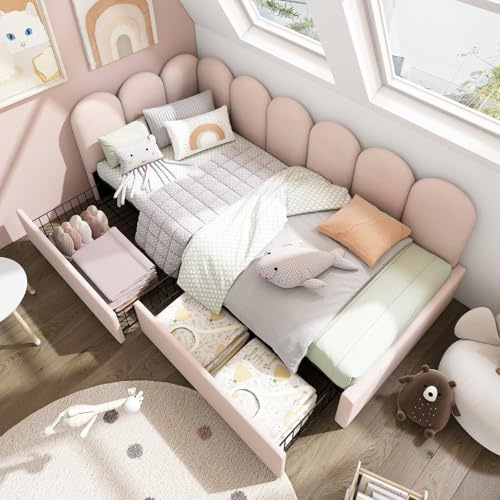 EURHCIO Lit 90x190cm,Canapé Lit en Velours avec 2 Tiroirs Rangement,Sommier à Lattes,pour Enfant Adolescent (Rose, 90x190-A)