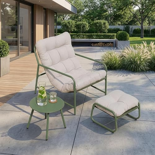 [en.casa] Salon de Jardin Trerdfjoa 3 Pièces Confortable Vert Clair Gris | avec fauteuil lounge, repose-pieds et une table, résistant, en acier, coussin rembourré, extérieur