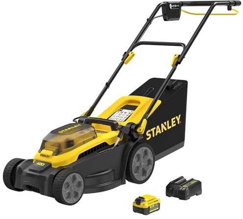 STANLEY V20 Cortacésped sin escobillas de 34 cm, incluye batería de iones de litio de 4 Ah y cargador de 2 A, 18 V, SCMWP3401M1-QW