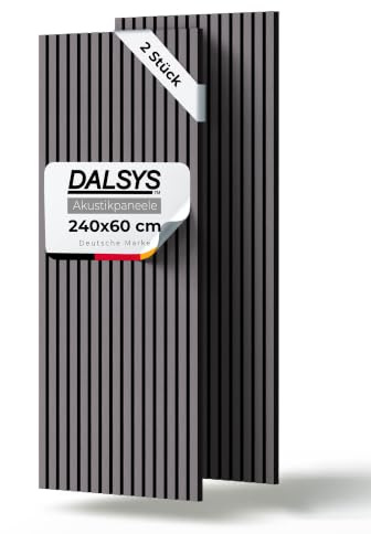 Dalsys 2x Akustikpaneele mit Lamellen 240 x 60cm Grau Holz | Wandpaneele für Schallschutz in Büro- & Wohnräumen, Akustik Paneele Wand, 3D Wandverkleidung innen, Holzpaneele