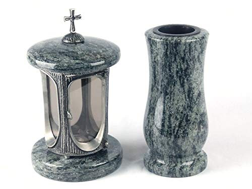 designgrab Alu Grablampe aus Aluminium in Antikoptik mit Kreuz und Grabvase in Granit Olive Green
