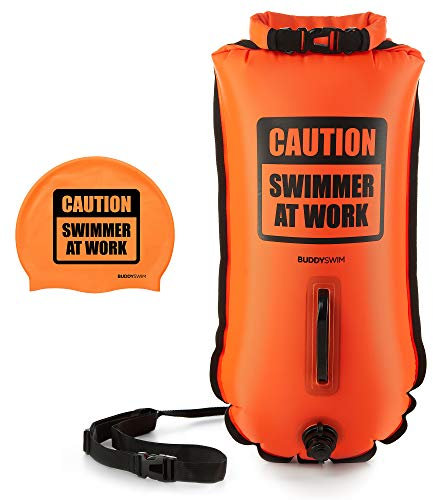 BUDDYSWIM Set Bouée de Natation en Eau Libre 28 litres et Bonnet de Bain en Silicone. Pochette Etanche pour la Natation en Eau Libre avec Sac Impermeable Etanche. Couleur Orange.