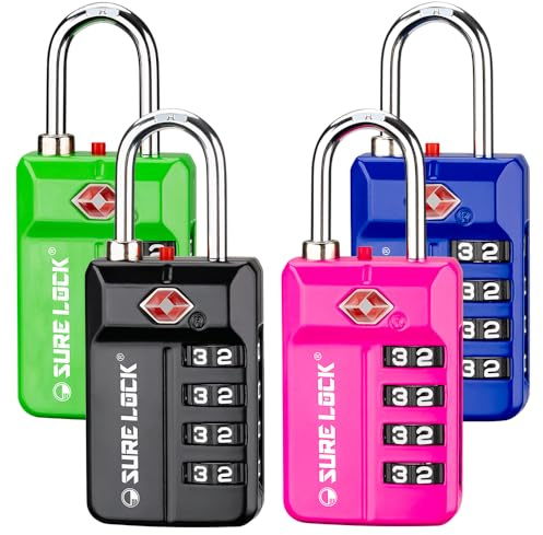 SURE LOCK TSA Approved Travel Luggage Locks, Open Alert Combination Lock for School Office & Gym Locker,Toolbox, Pelican Case,Easy Read Dials- 1, 2 & 4 Pack, 17021ALL Colour, L
