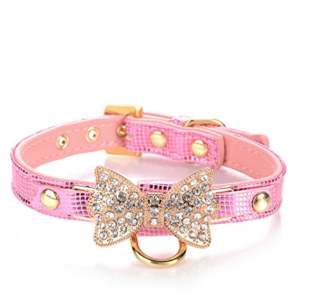 LOVPE Gold Bling Diamond Giltter Leather Fashion Collar with Ring for Tags for Small Dogs/Cats,[Adjustable Collars for puppy/kitten] (XS, Pink)