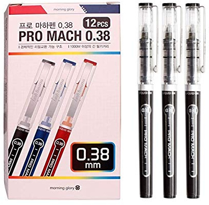 Morning Glory Pro Mach Roller Ball Pen (12 pcs, 6 pcs) 0.38 mm Fine Point Tip (Black (12 pcs)) New Upgrade Model