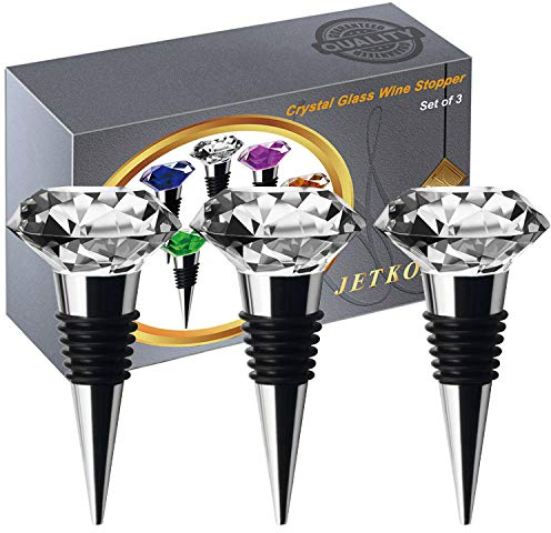 JETKONG Diamond Shaped Crystal Metal Wine and Beverage Bottle Stopper, Set of 3 (Crystal)