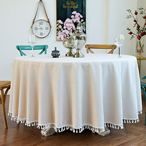CoutureBridal Tischdecke Rund 160 cm Weiß Elfenbein Baumwolle Leinen Abwaschbar Uni Quaste Gartentischdecke Couchtisch Tischtuch für den Innen - und Außenbereich
