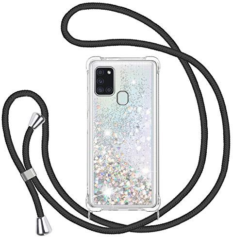 TUUT Handyband für Samsung Galaxy A21S Hülle mit Band, Glitzer Treibsand Handyhülle mit Kordel zum Umhängen Transparent Stoßfest Schutzhülle mit Kette Schnur, Quicksand Necklace Case in Schwarz
