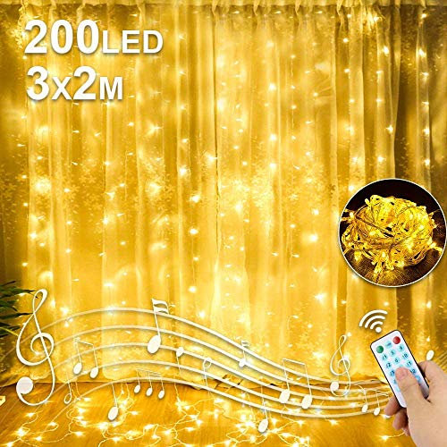 Molbory LED USB Lichtervorhang 3m x 2m, 200 LEDs Lichterketten Vorhang mit Fernbedienung & Timer 8 Lichtmodelle und 4 Musiksteuerungsmodi für Partydekoration deko,Innenbeleuchtung,Warmweiß
