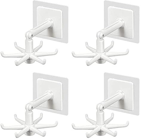 Bibibi Wall Hooks,Key Holder,Shower Hooks,Bathroom Hooks,360 Rotatable Adhesive Hooks for Wall Ceilling Keys Kitchen Bathroom Organization Storage,No Damage Wall Hangers Without Nails,4 White
