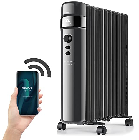 Taurus Agadir 2500 CONNECT - Radiador de aceite. Radiador eléctrico. Pantalla digital. Temperatura ajustable. Temporizador 24h. 3 niveles de potencia + modo ECO. Ruedas. 2500W. Silencioso.