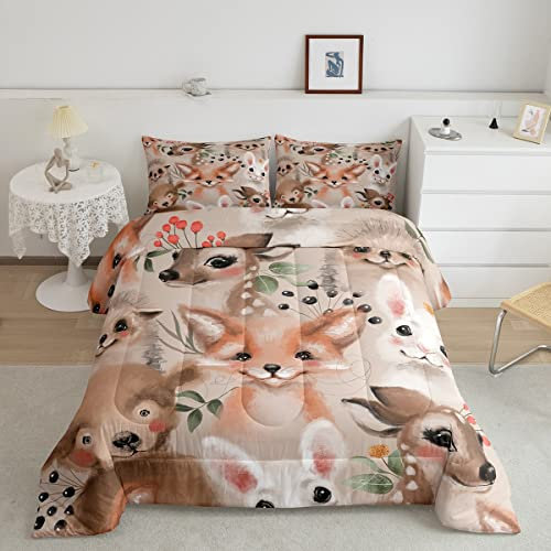 Kawaii-Tier-Bettwäsche-Set, Queen-Size-Größe, niedlicher Fuchs, Hirsch, Kaninchen, Bettwäsche-Set für Kinder, junge Mann, Pflanzen, Blätter, Tierheim, gestepptes Bettwäsche-Set mit 2 Kissenbezügen