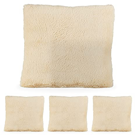 Relaxdays 4 x Flauschige Kissen, Kuschelkissen mit Füllung, kuschelweich, Plüschbezug abnehmbar, Deko Zierkissen 35x40cm, Creme