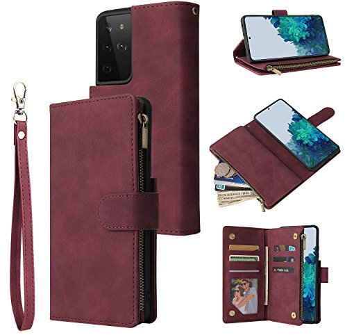 QLTYPRI Case for Samsung Galaxy A13 5G/A13 4G/A04S, Large Capacity Leather Wallet Case 6 Card Holder & 1 Zipper Pocket Kickstand Wrist Strap Magnetic Protective Cover for Galaxy A13/A04S - Wine Red
