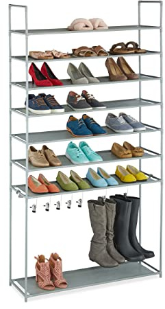Relaxdays Schuhregal 8 Ebenen, Stecksystem, 32 Paar Schuhe, 7 Stiefelhaken, Metall & Stoff, Flur Schuhablage, grau