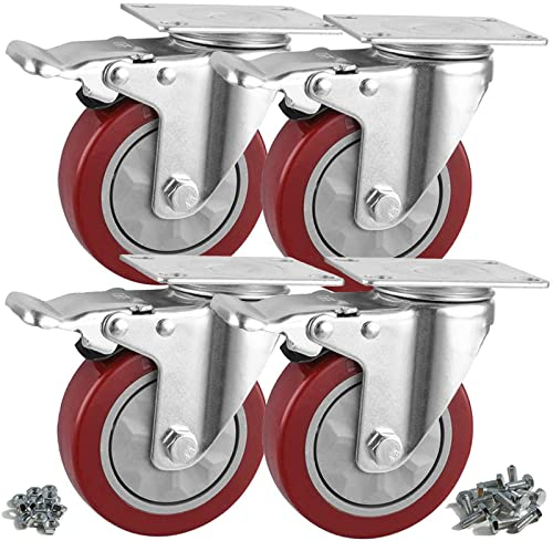 RRIUTO 4 Swivel Castors with Bolts, 100 mm Transport Castors with Brake, Beach Chair Castors, Furniture Castors, Heavy Duty Castors for Furniture, Trolley, Table, Load Capacity 650 kg