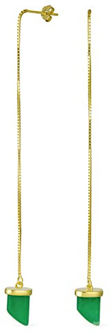 Schutzamulett Italienisches Horn Echtes Hellgrünes Jade Lange Lineare Hängekette Haifischzahn Ohrringe Für Frauen Gelb 14K Vergoldet .925 Sterlingsilber