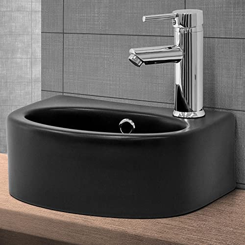 ML-Design Lavabo da Appoggio in Ceramica Nero Opaco 33,5 x 25,5 x 13 cm Lavandino Moderno Lavamano con Foro di Scarico e Troppopieno Sanitari Lavello da Bagno Toilette Montaggio del Rubinetto a Destra