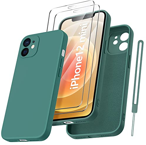 Qasyfanc HandyHülle für iPhone 12 Mini Hülle Silikon case mit 2 Stück schutzfolie, Ultra Microfiber TPU Flüssig silikon mit Kameraschutz Kratzfeste Rundumschutz Schutzhülle 5.4''-Dunkelgrün