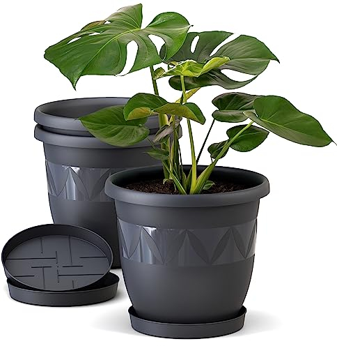 Blumentopf 3er Set 21 cm Durchmesser Anthrazit runder Pflanzkübel mit Untersetzer aus Kunststoff witterungsbeständiger Übertopf großer Pflanztopf Kräutertopf für Innen und Außen