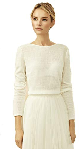 Bianco Evento Brautpullover Brautpulli Brautstola Stola Cape Braut Pullover Kashmir Effekt tiefer Rückenausschnitt Brautjackelangarm Hochzeit Winter Cape Ivory NEU (36)