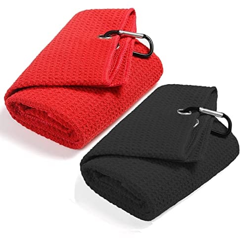 QeeHeng 2 x Mikrofaser-Golf-Handtücher mit Waffelmuster, lustiges Golf-Handtuch mit Clip für Golftaschen für Herren, dreifach gefaltetes Golf-Handtuch-Set (schwarz + rot)