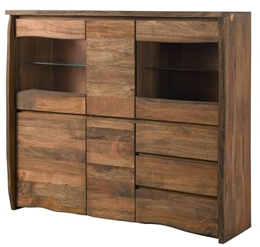 MASSIVMOEBEL24.DE | Pure Mango Highboard aus Massivholz #200 | aus Mangoholz - braun geölt | 166x48x145 cm | 10 Fächer & 3 Schubladen | Hochkommode, Hochschrank