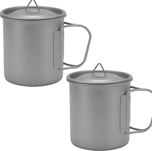HACLEN Cazas para Acampar, 2 Paquetes para Acampar Una Olla De Titanio con Bolsa De Almacenamiento, Taza De Titanio Al Aire Libre con Tapa, Taza De Café para Acampar con Asa Plegable,L