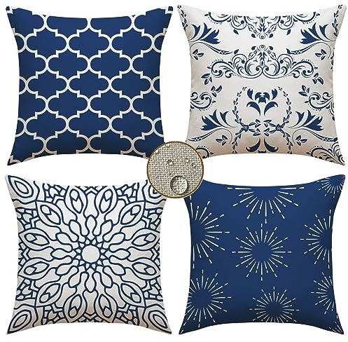 Kissenbezüge 50x50 cm 4er Set Geometrie Outdoor Kissen Blau Sofakissen Dekokissen Kopfkissen Wasserfest Linen Zierkissen Quadratische Kissenhülle für Gartenmöbel Sofa Bett Auto Terrasse Schlafzimmer
