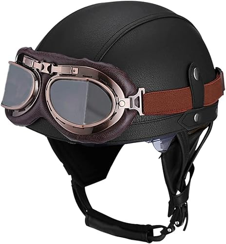 CHAO YANG Casque de moto rétro en cuir - Casque jet - Casque jet vintage avec lunettes - Certifié ECE - Casque de motocross de style allemand (ferreux, taille XL 61-62 cm)