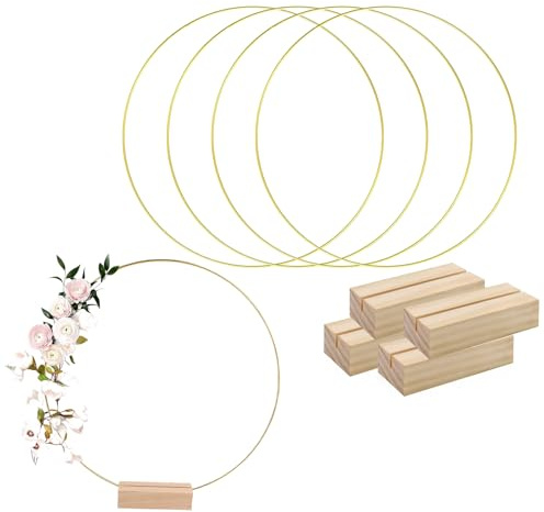 JK Home 4 Stück Tischdekoration Hochzeit Reifen aus Metall Kreis mit Ständer aus Holz Weihnachtskranz Verlobung Wanddekoration DIY Basteln Gold 20 cm