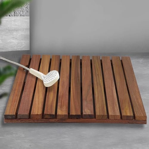 Schnell Trocknende Bambus Badematte,Rutschfeste Rechteckige Spa Holz Badvorleger Badematte,Wasserdichte Duschmatte,Robuste Holzbodenmatte,mit Matte und Griff,für Drinnen Draußen (45x45cm/18x18in)