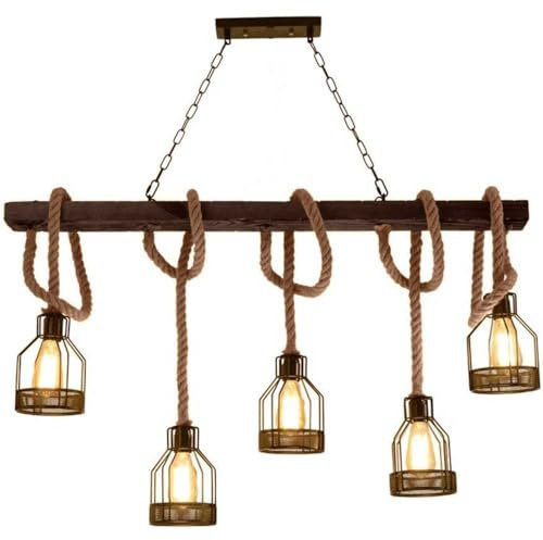 Vetrineinrete® Lampadario a sospensione in legno 5 portalampada in corda di canapa e metallo lampada da tavolo da cucina vintage country E27 A91-5
