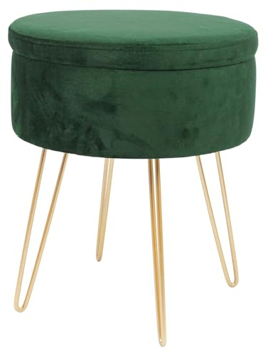 Harbour Housewares 1x Grün/Gold H45 x D36cm Runden Samt-Fußhocker mit Stauraum - Wohnzimmer Schminktisch Fußbank Ottomane Sitzpuff Stuhl Sitz